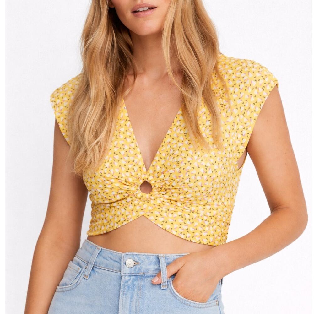 NEW Free People Havana Honey Floral Twist Front Crop Top Keyhole Yellow Women Lg